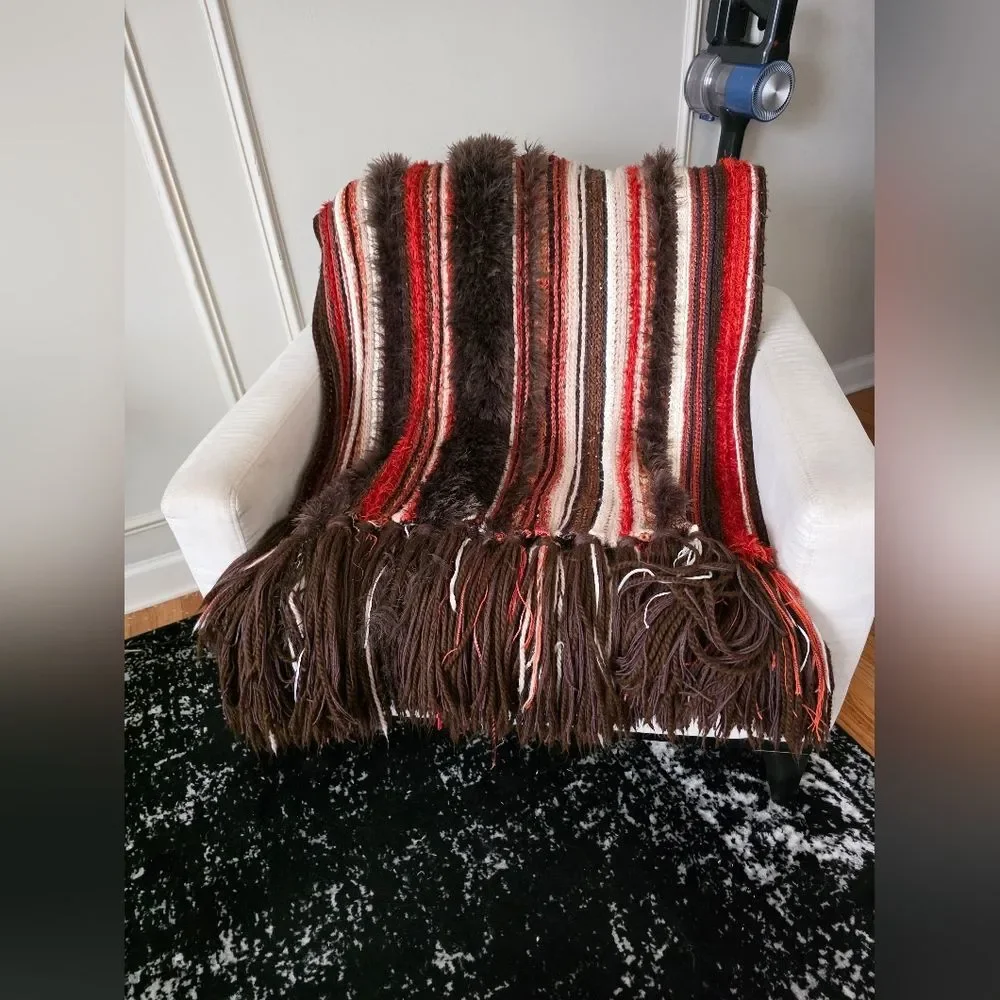 Handmade Thick Knit Fringe Throw Blanket Autumnal Colors Afghan 86x40